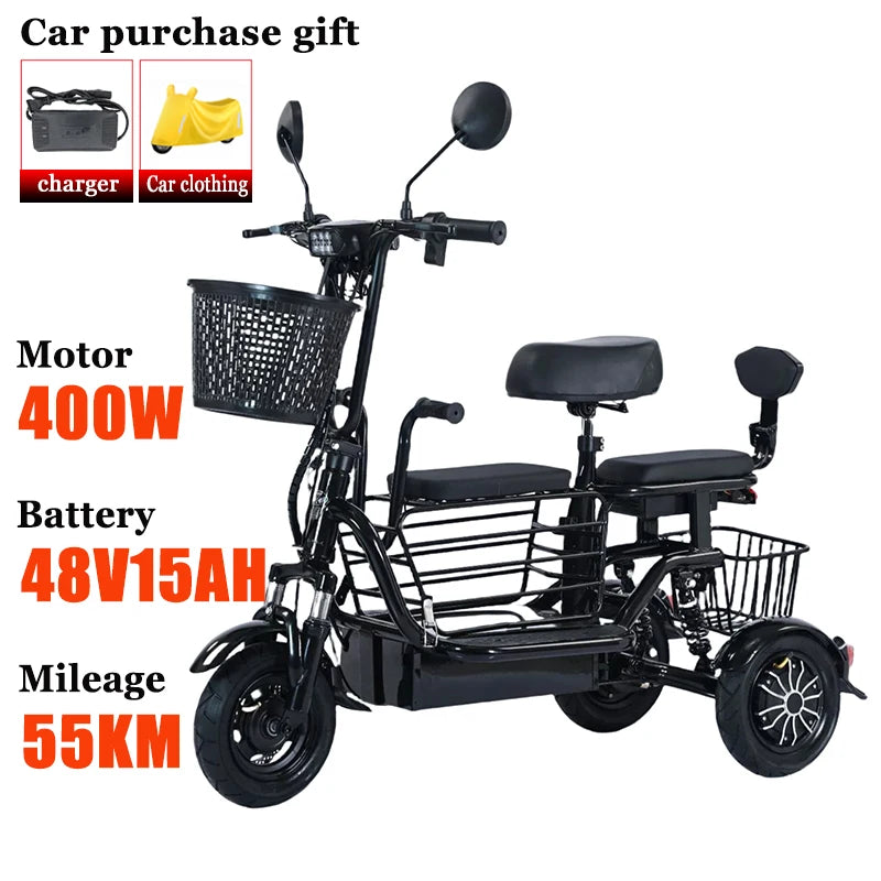 NEW Household Electric Tricycle Travel Parent-child Fold Lightweight Small Mobility Scooter Child Leisure Elderly Adult Tricycle