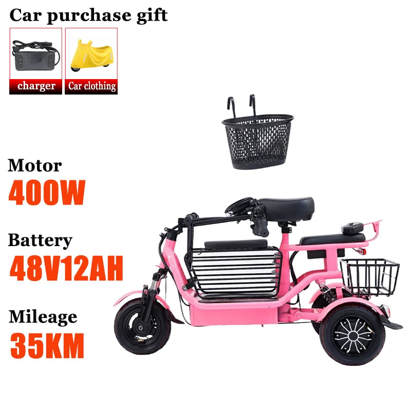 NEW Household Electric Tricycle Travel Parent-child Fold Lightweight Small Mobility Scooter Child Leisure Elderly Adult Tricycle