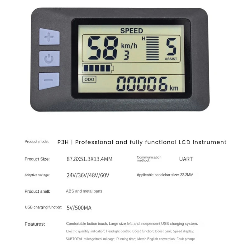 P3H Electric Bike Meter Display Panel Meter Display 24V 36V 48V 60V For Electric Scooter (5PIN)