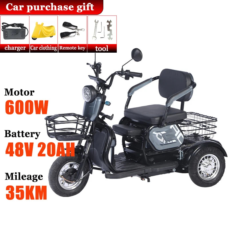 Adult Mini Electric Tricycle Elderly 3wheeler with Basket Disabled Commuting Leisure Comfortable Seat Snow Tire Mobility Scooter