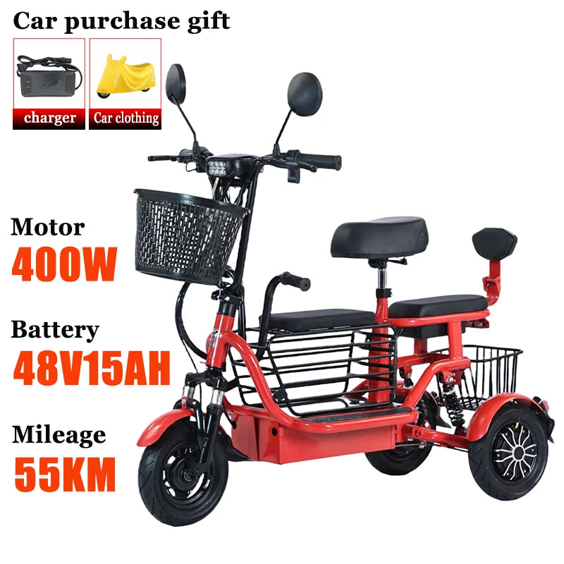 NEW Household Electric Tricycle Travel Parent-child Fold Lightweight Small Mobility Scooter Child Leisure Elderly Adult Tricycle