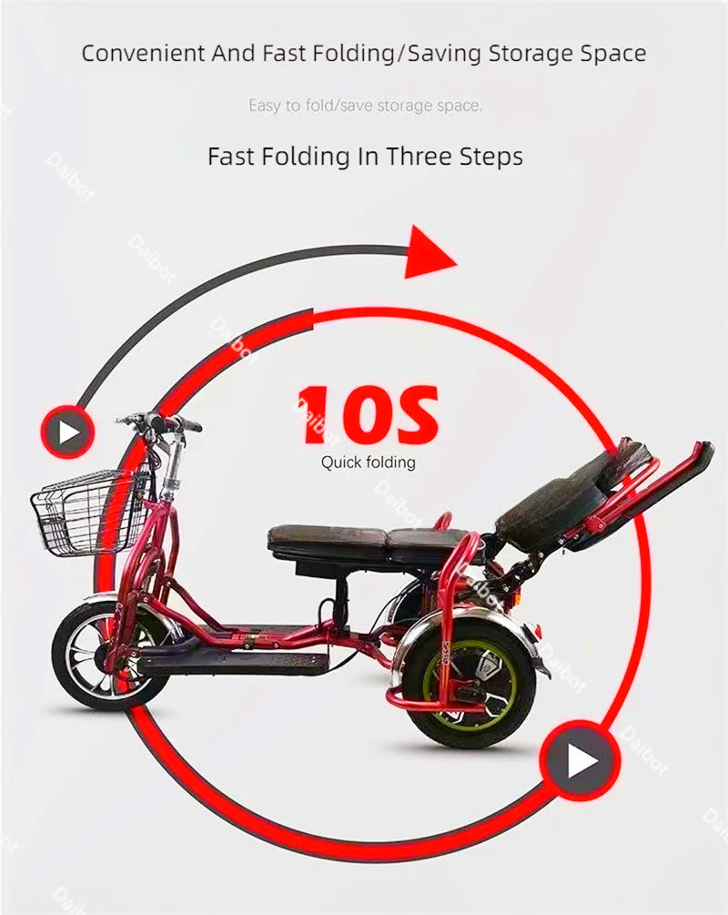 Small Parent Child Elderly Electric Tricycle Folding For Family 350W Electric Scooter Women With Adjustable Backrest/Seat/Basket