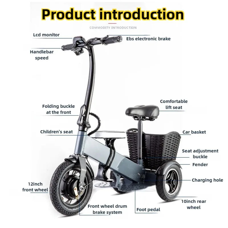 Adult Electric Tricycle Portable Folding Parent-child Mini Small 3Wheeler with Basket Elderly Removable Battery Mobility Scooter