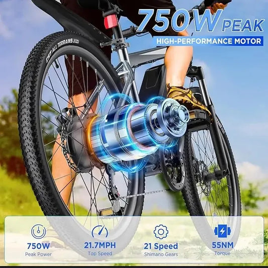 Electric Bike for Adults, 26'' 750W Peak Ebike, Up to 50 Miles 21.7MPH Electric Mountain Bike with 48V 374.4WH Removable Battery