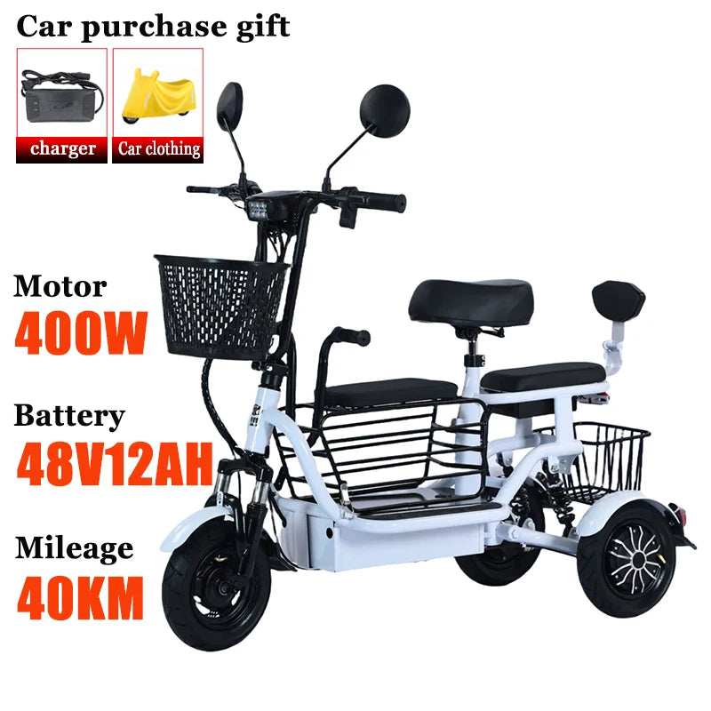 NEW Household Electric Tricycle Travel Parent-child Fold Lightweight Small Mobility Scooter Child Leisure Elderly Adult Tricycle
