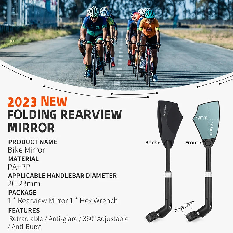 WEST BIKING Anti-Glare Bicycle Rearview Mirror Telescopic Flexible 360 Wide Angle MTB E-Bike Electric Scooter HD Rearview Mirror