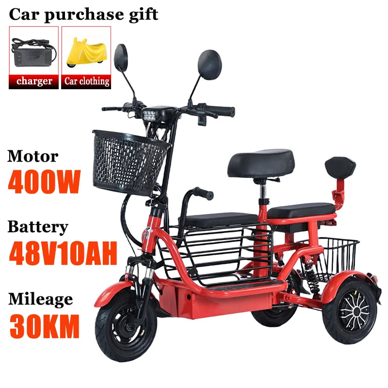 NEW Household Electric Tricycle Travel Parent-child Fold Lightweight Small Mobility Scooter Child Leisure Elderly Adult Tricycle