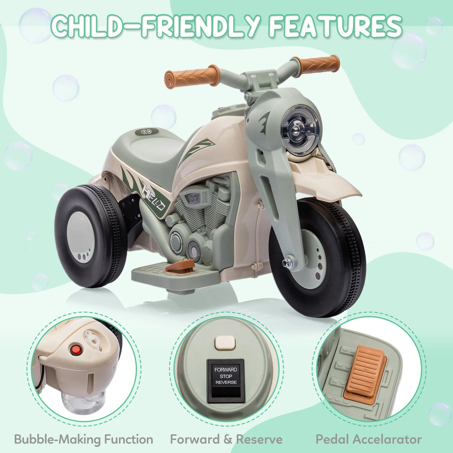 Kids Ride on Bubble Car, 6V Ride on Electric Motorcycle 1.9 MPH, Toddler Motorcycle with Bubble Maker, LED Headlights, Music