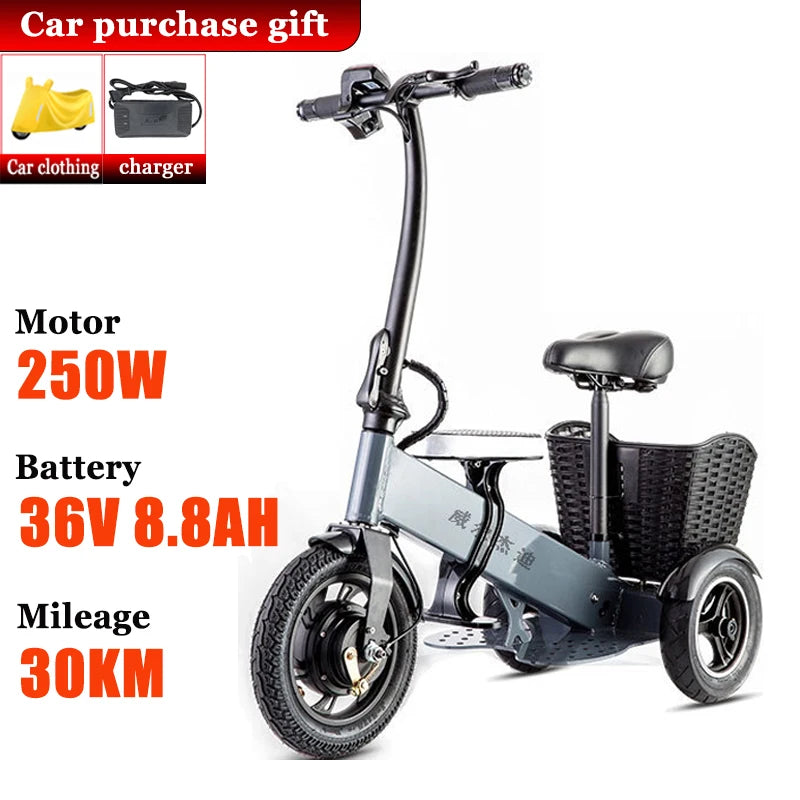 Adult Electric Tricycle Portable Folding Parent-child Mini Small 3Wheeler with Basket Elderly Removable Battery Mobility Scooter