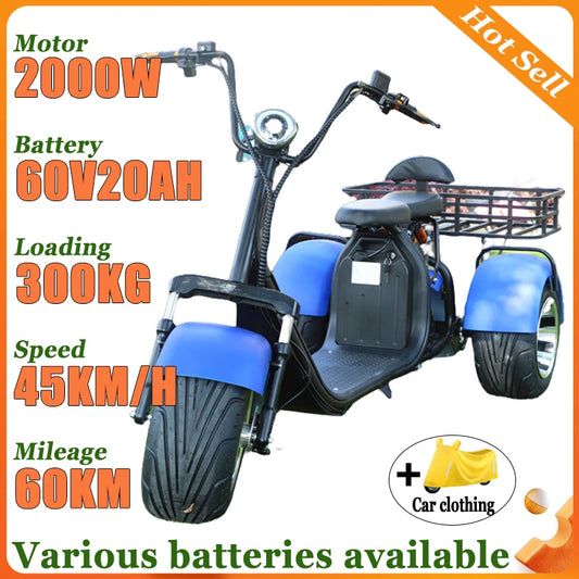 2000W Motor Electric Tricycle Snow Wide Tire Adult Commuting Leisure Mobility Scooter Comfortable Seat Basket Electric Scooter